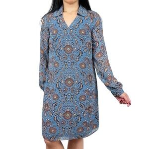 CABI Floral Paisley Blue Brown Long Sleeve Shift Dress - Sz Medium